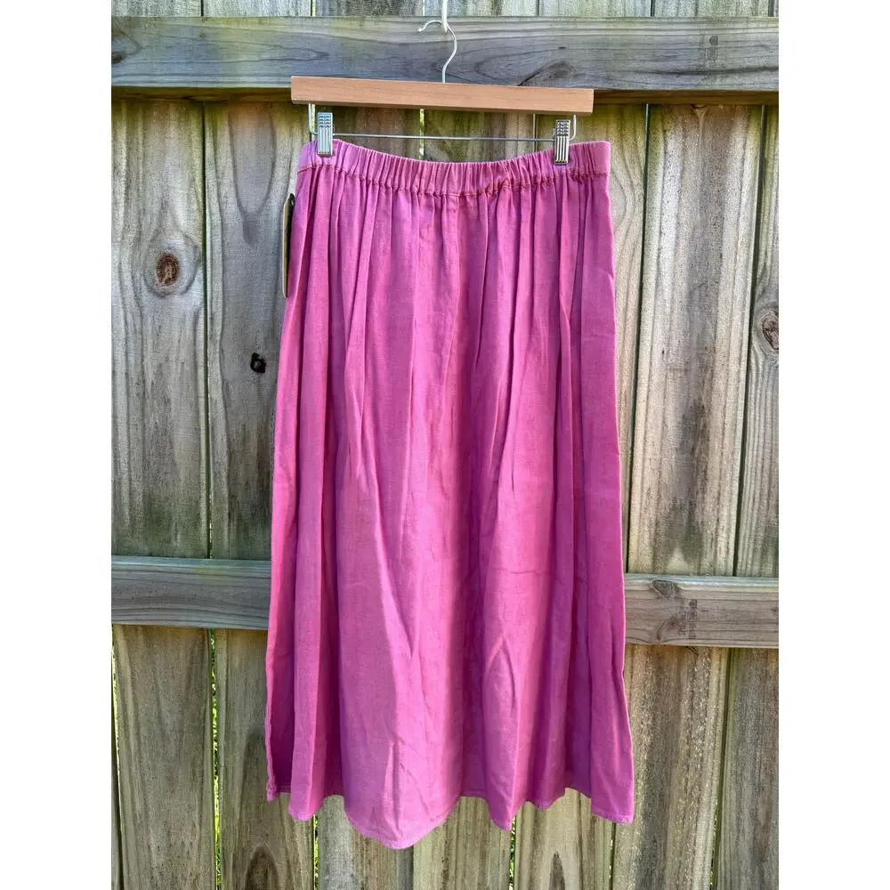 Hand-Dyed Fuchsia Linen Wrap Midi Skirt